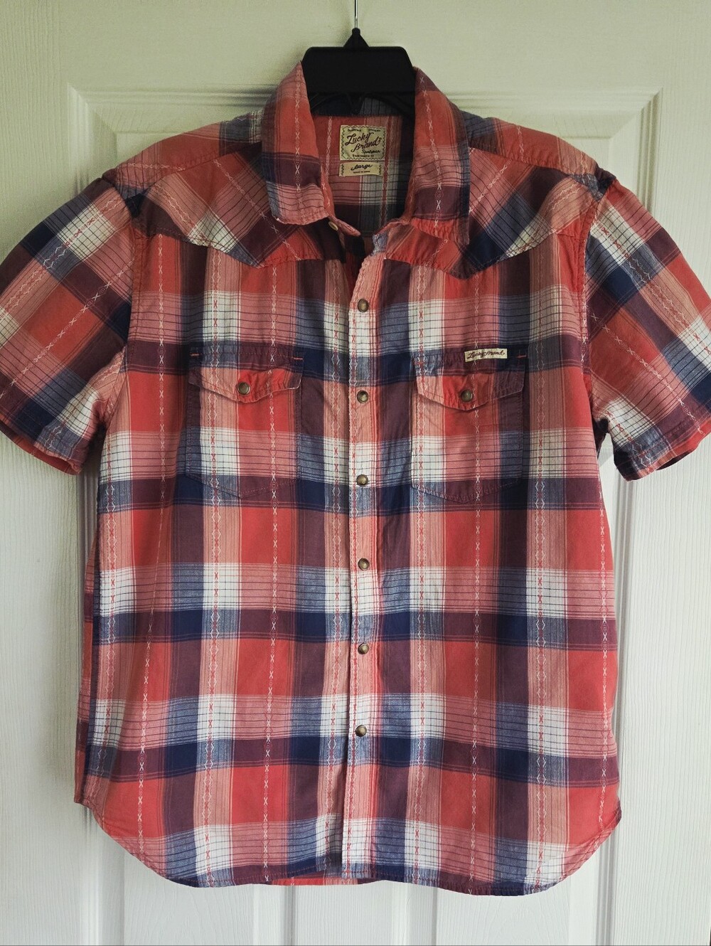 Lucky Brand ✨️ Red Navy & White Short-Sleeve Plaid Button-Down Shirt Size L